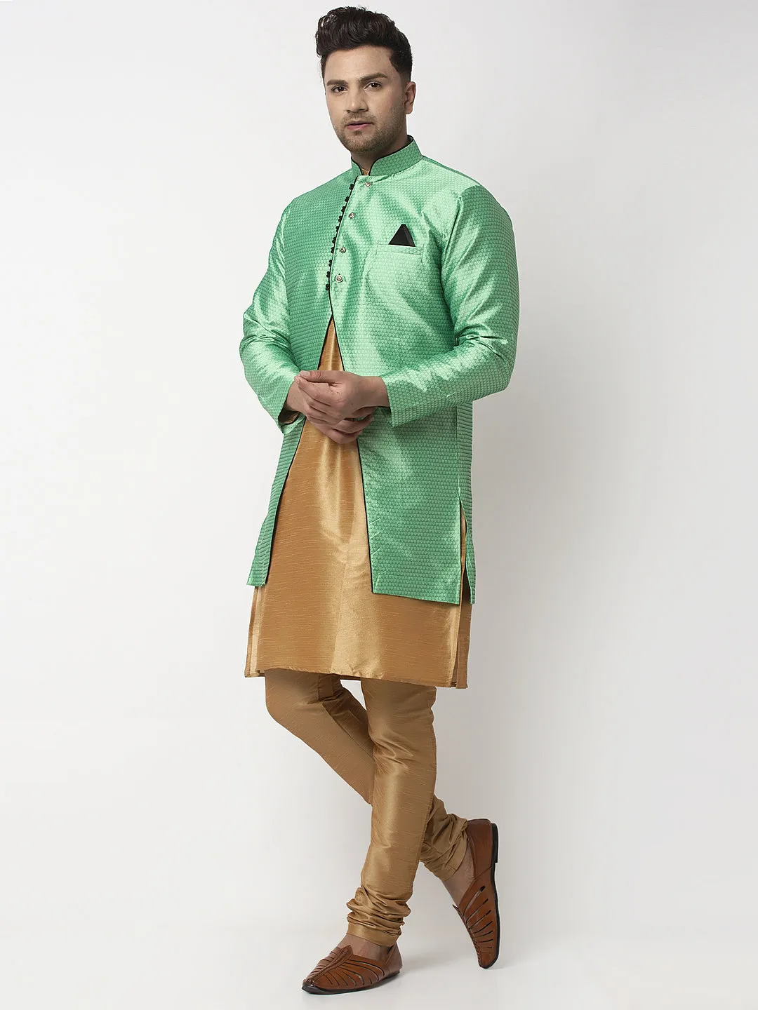 Men's Copper Kurta With Pyjama & Sea Green Self Design Jacket - Benstoke