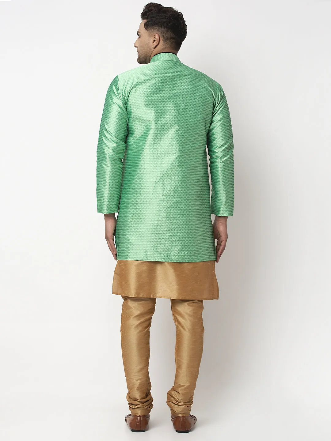 Men's Copper Kurta With Pyjama & Sea Green Self Design Jacket - Benstoke