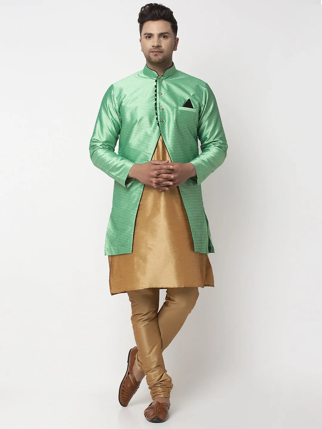 Men's Copper Kurta With Pyjama & Sea Green Self Design Jacket - Benstoke