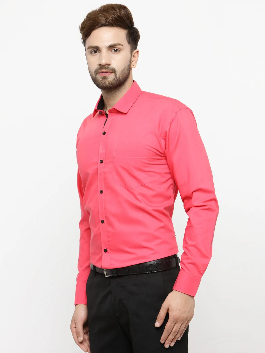 Men's Coral Red Formal Shirt with black detailing ( SF 411Coral ) - Jainish