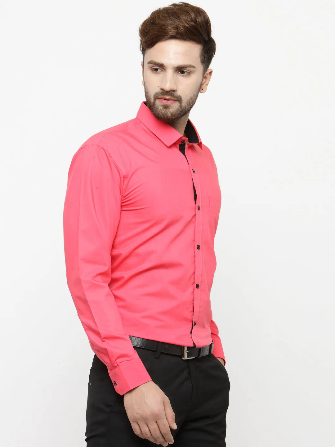 Men's Coral Red Formal Shirt with black detailing ( SF 411Coral ) - Jainish