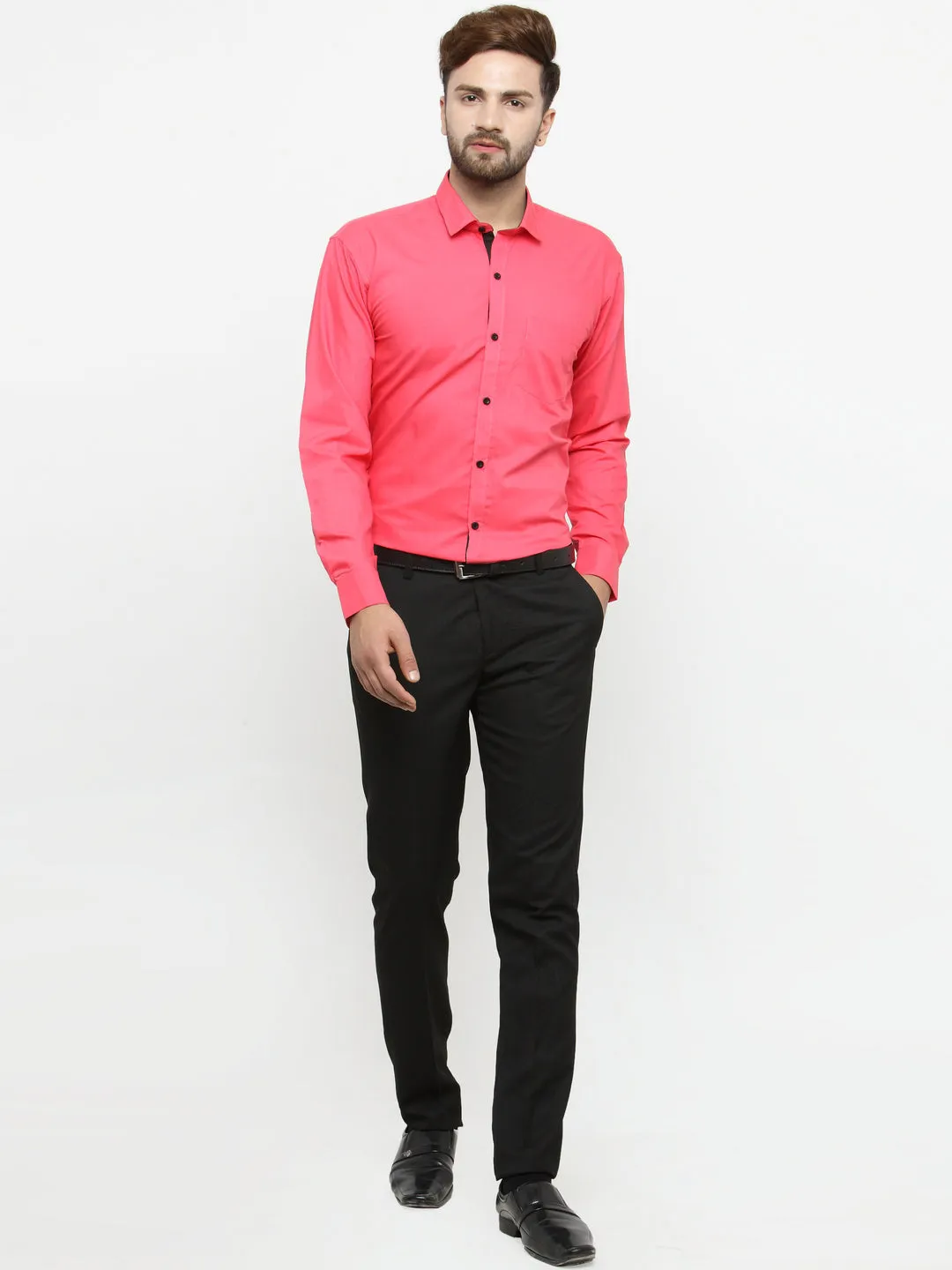 Men's Coral Red Formal Shirt with black detailing ( SF 411Coral ) - Jainish