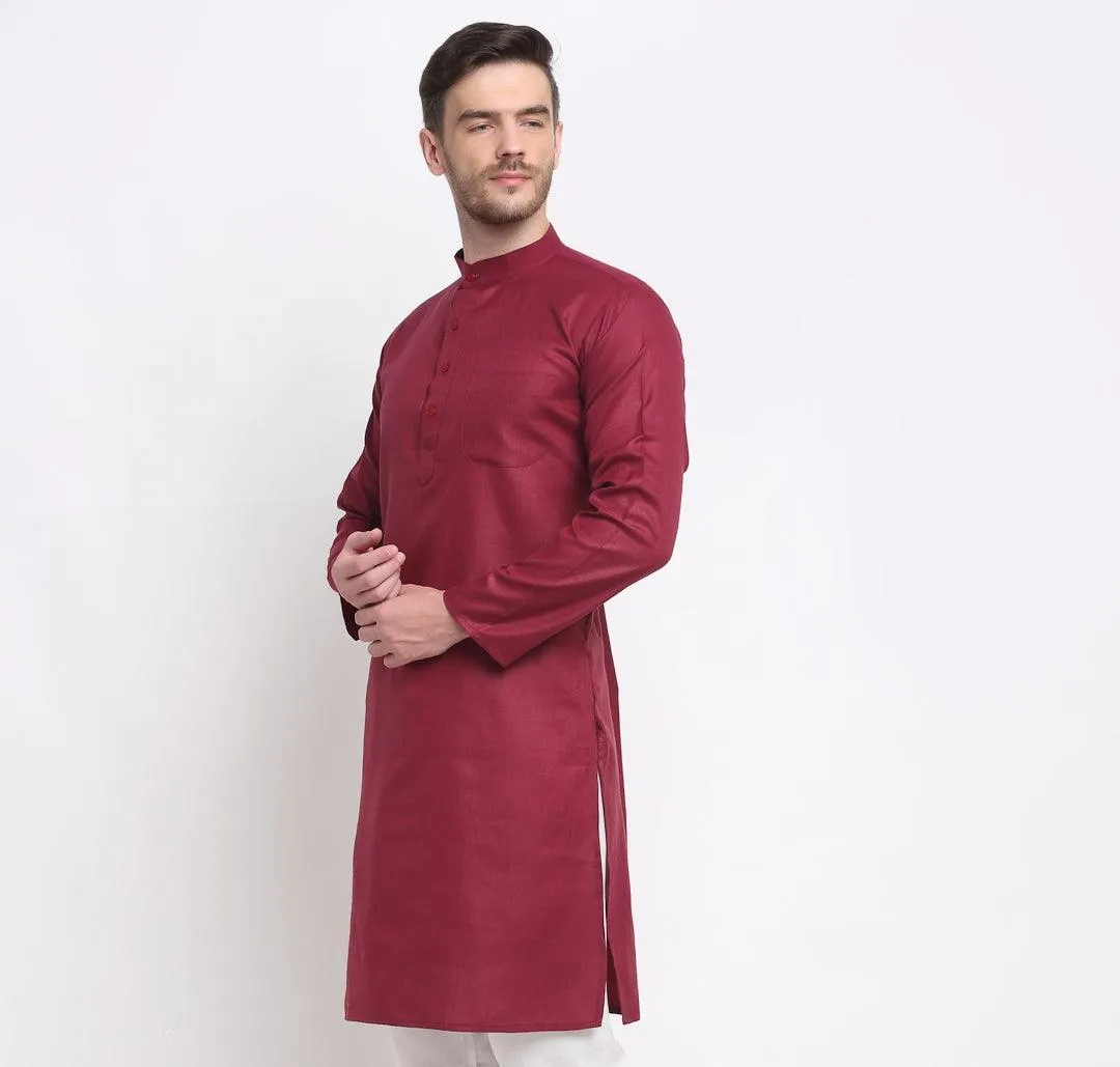 Men's Cotton Blend Maroon Straight Long Kurta - Benstoke