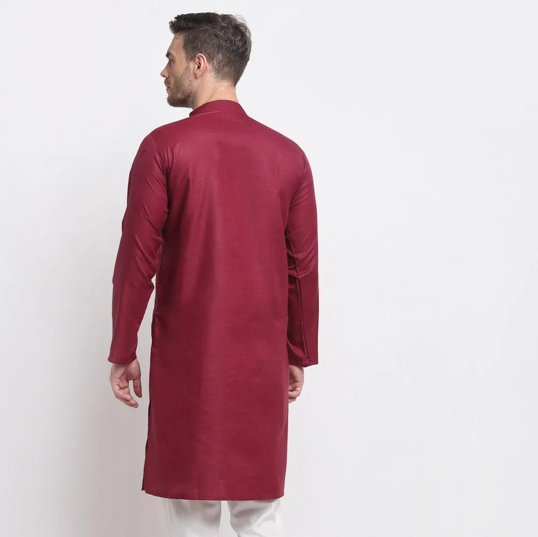 Men's Cotton Blend Maroon Straight Long Kurta - Benstoke