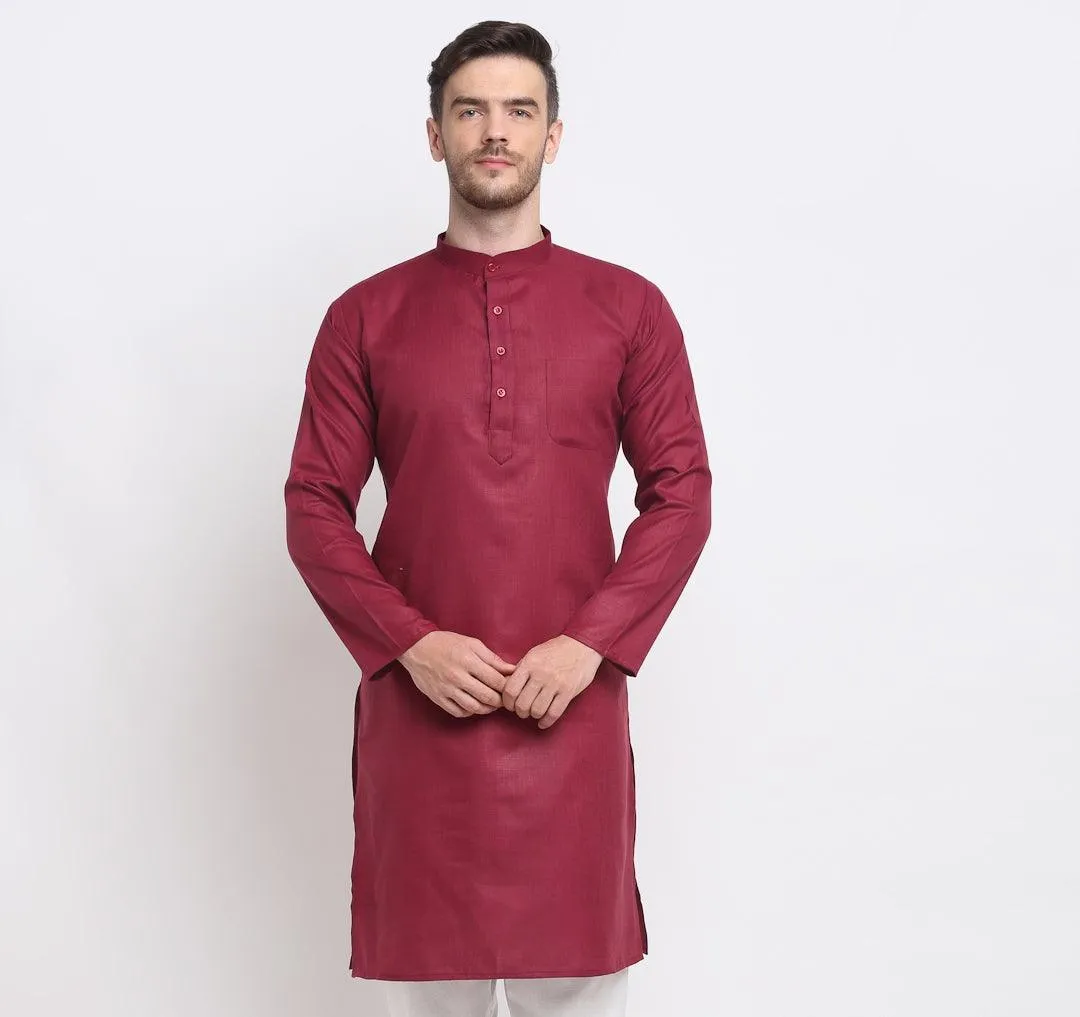 Men's Cotton Blend Maroon Straight Long Kurta - Benstoke