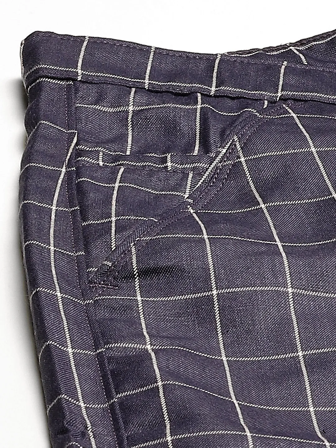 Men's Cotton Blend Navy Blue & Off White Checked Formal Trousers - Sojanya