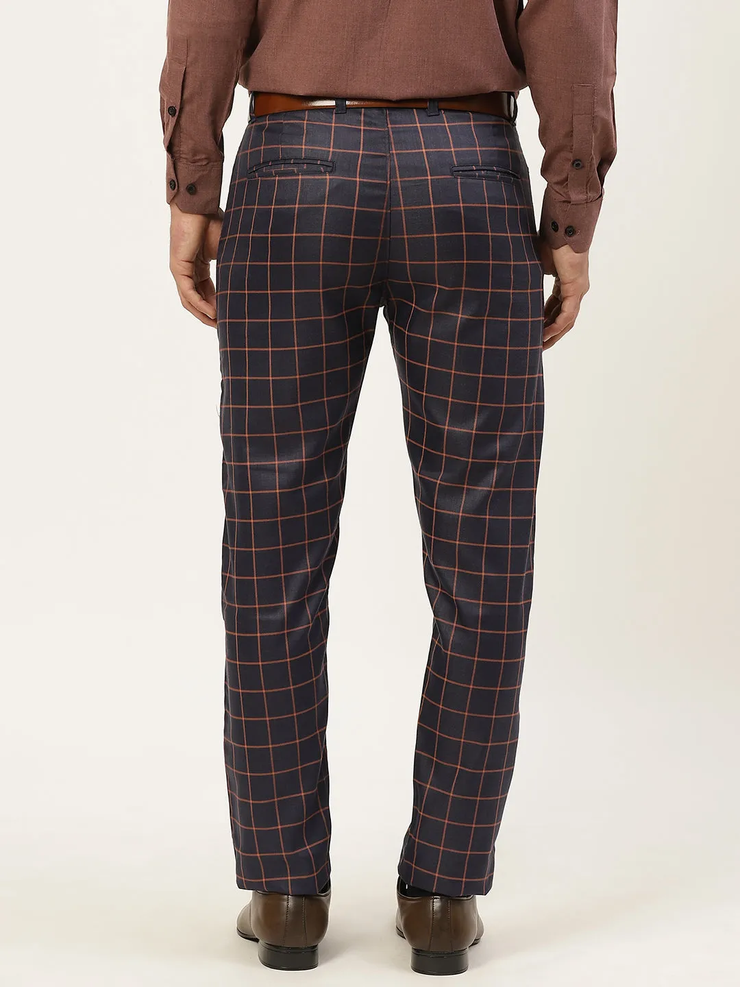 Men's Cotton Blend Navy Blue & Off White Checked Formal Trousers - Sojanya