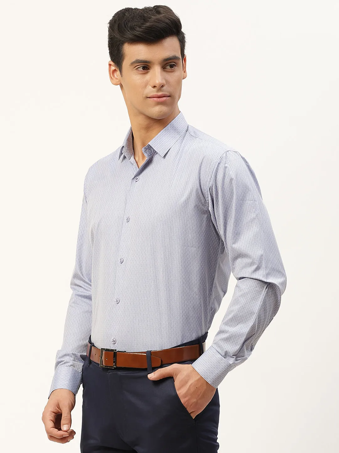 Mens Cotton Blue & Navy Blue Striped Formal Shirt - Sojanya