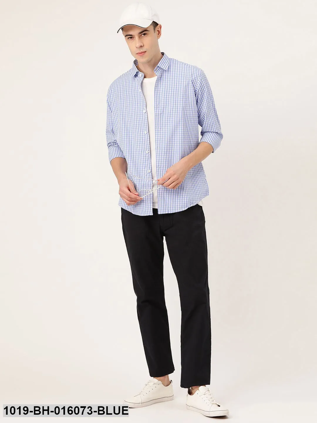 Men's Cotton Blue & White Checked Casual Shirt - Sojanya