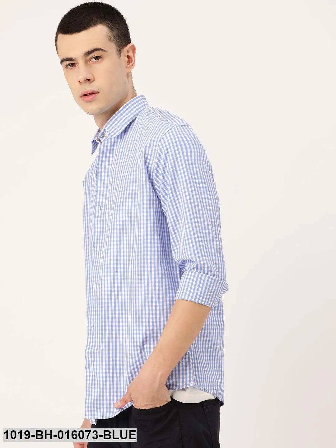 Men's Cotton Blue & White Checked Casual Shirt - Sojanya