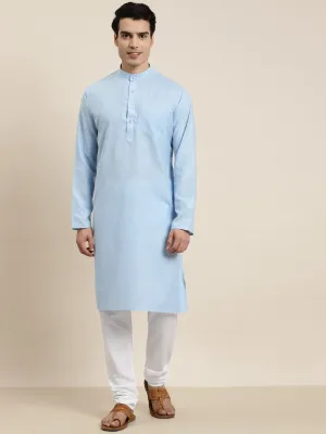 Men's Cotton Blue Kurta & White Churidar Pyjama Set - Sojanya