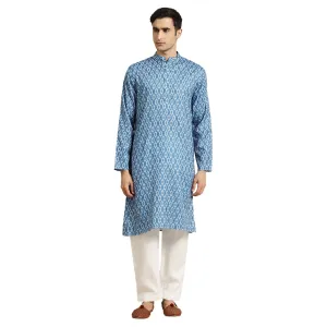 Men's Cotton Blue Printed Kurta & White Churidar Pyjama Set - Sojanya