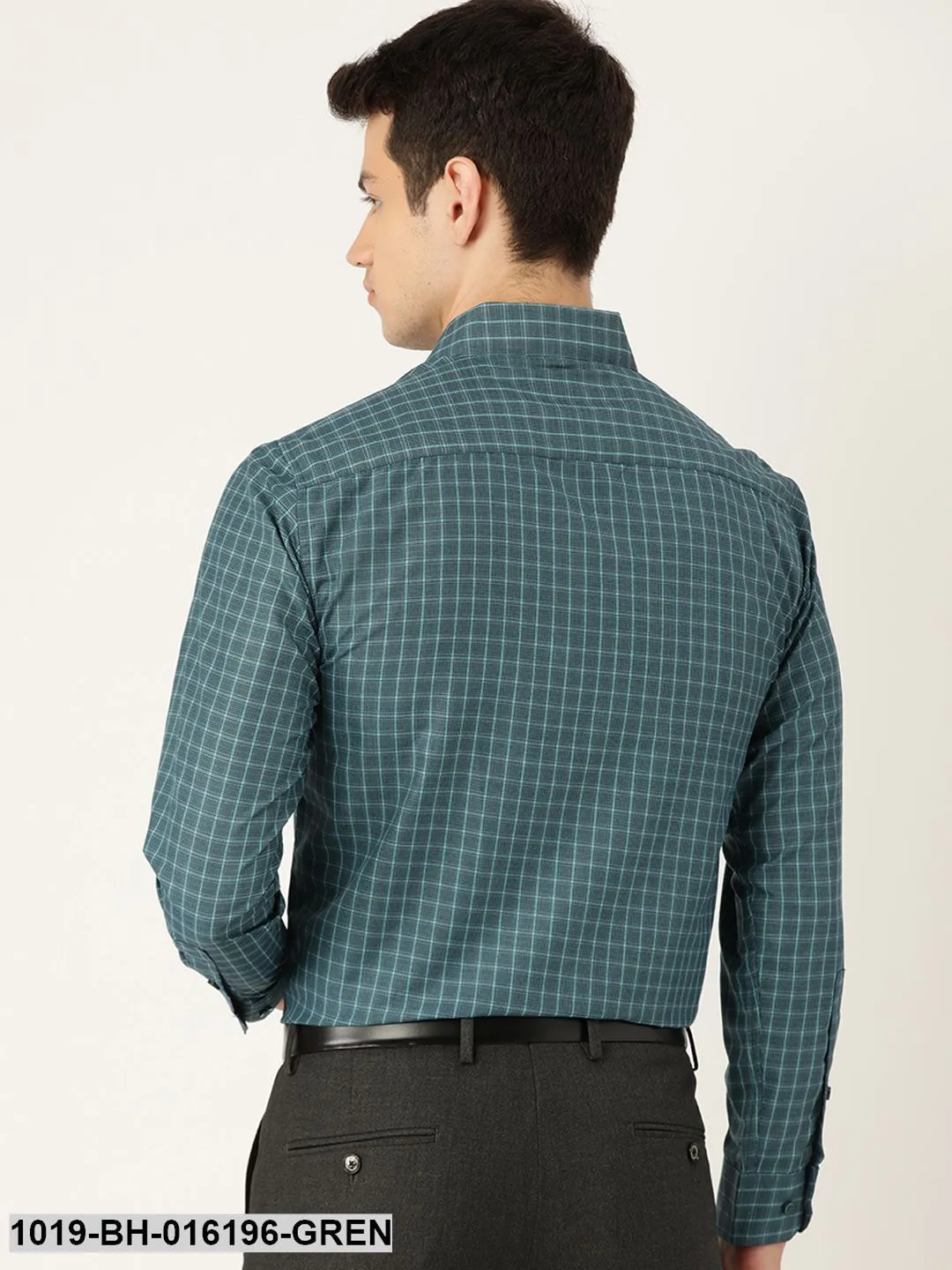 Men's Cotton Bottle Green & Sea Green Checked Formal Shirt - Sojanya