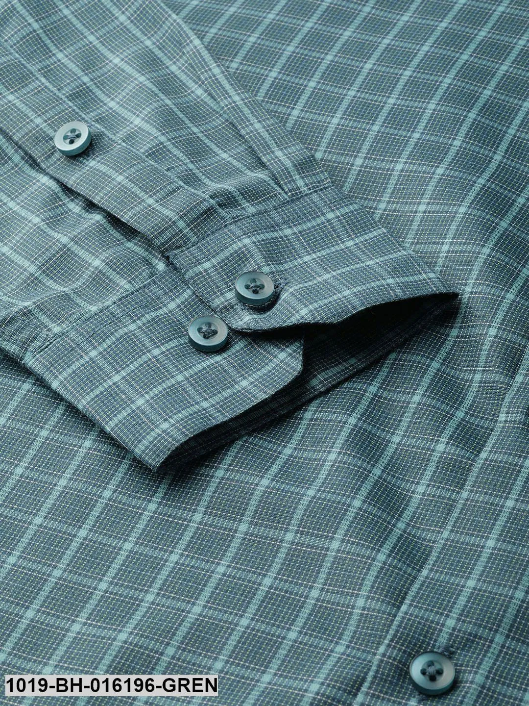 Men's Cotton Bottle Green & Sea Green Checked Formal Shirt - Sojanya