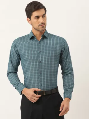 Mens Cotton Bottle Green & Sea Green Checked Formal Shirt - Sojanya