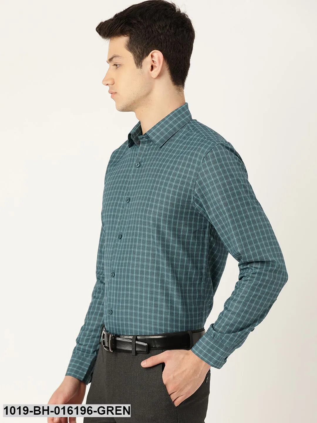 Men's Cotton Bottle Green & Sea Green Checked Formal Shirt - Sojanya