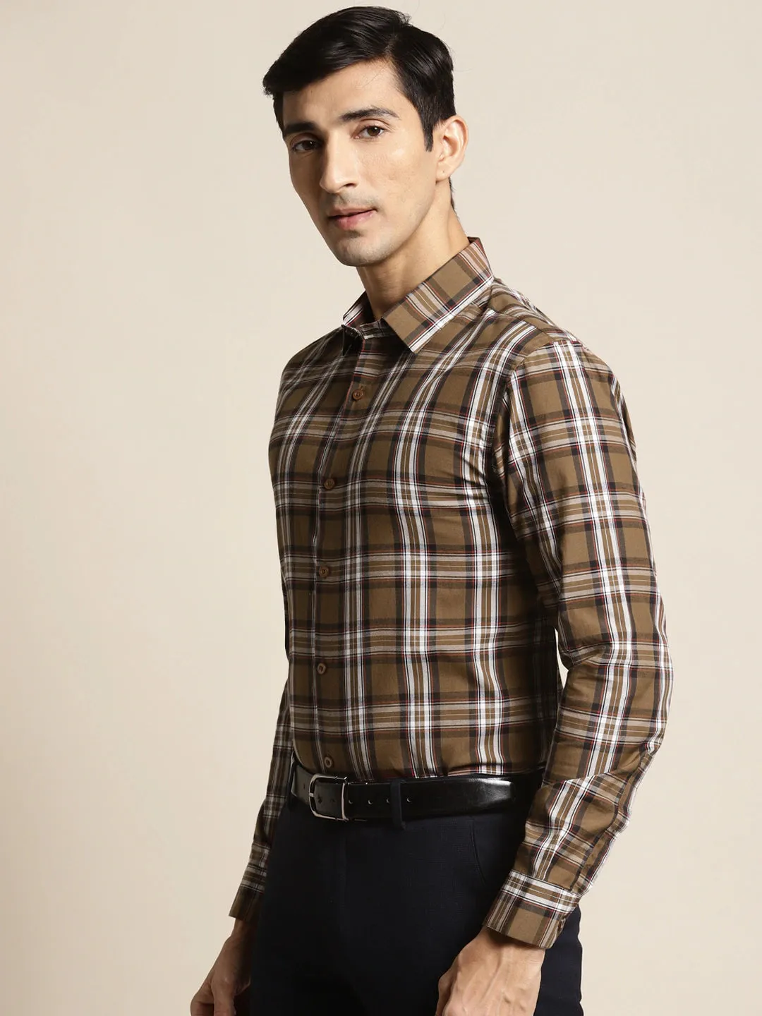 Men's Cotton Brown & White Check Formal Shirt - Sojanya