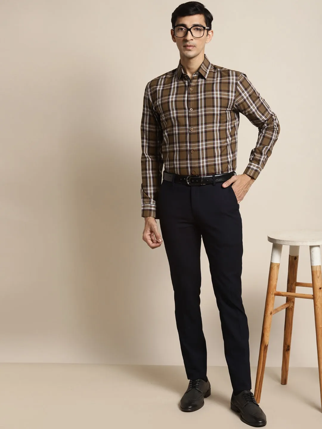 Men's Cotton Brown & White Check Formal Shirt - Sojanya