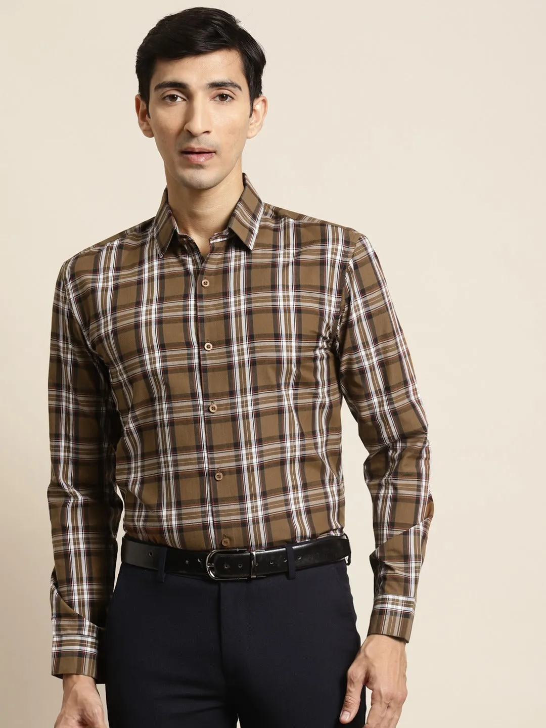 Men's Cotton Brown & White Check Formal Shirt - Sojanya