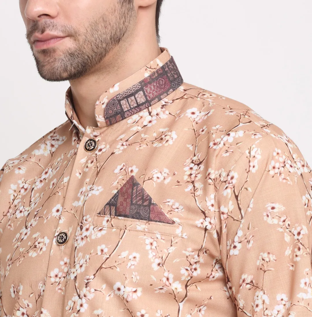 Men's Cotton Brown & White Printed Straight Kurta - Benstoke