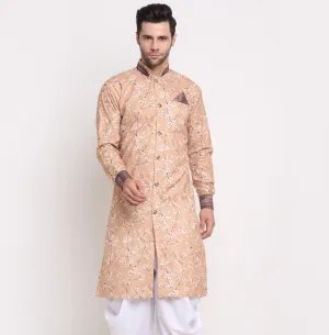 Men's Cotton Brown & White Printed Straight Kurta - Benstoke