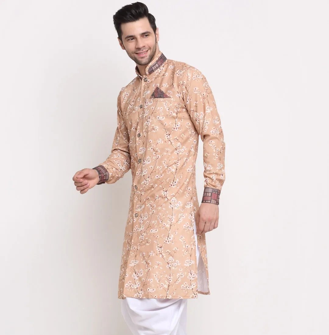 Men's Cotton Brown & White Printed Straight Kurta - Benstoke