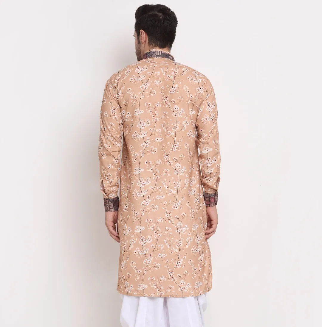 Men's Cotton Brown & White Printed Straight Kurta - Benstoke