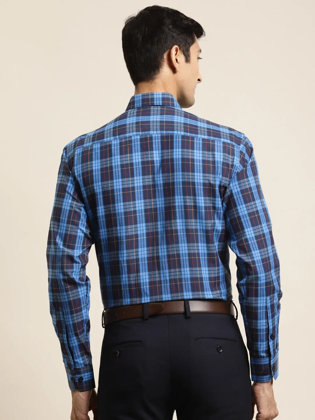 Men's Cotton Dark Blue & Peacock Blue Check Formal Shirt - Sojanya