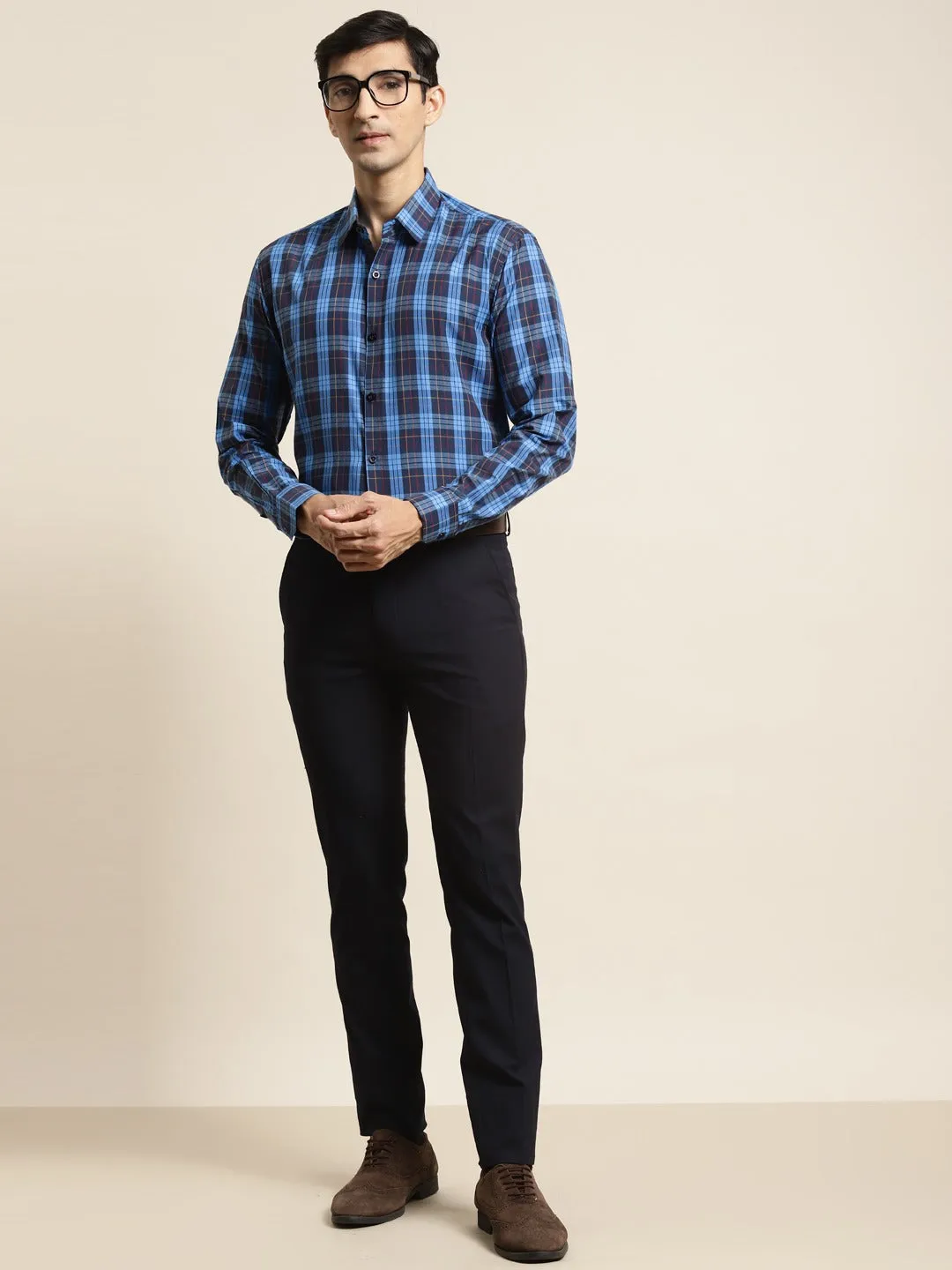 Men's Cotton Dark Blue & Peacock Blue Check Formal Shirt - Sojanya