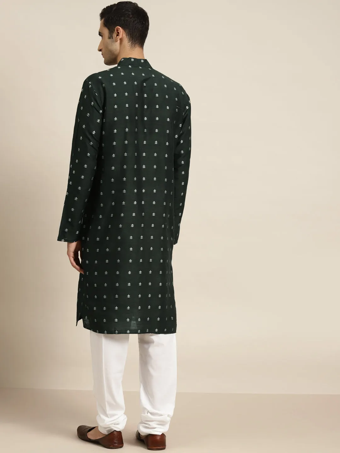 Men's Cotton Dark Green Kurta & White Churidar Pyjama Set - Sojanya