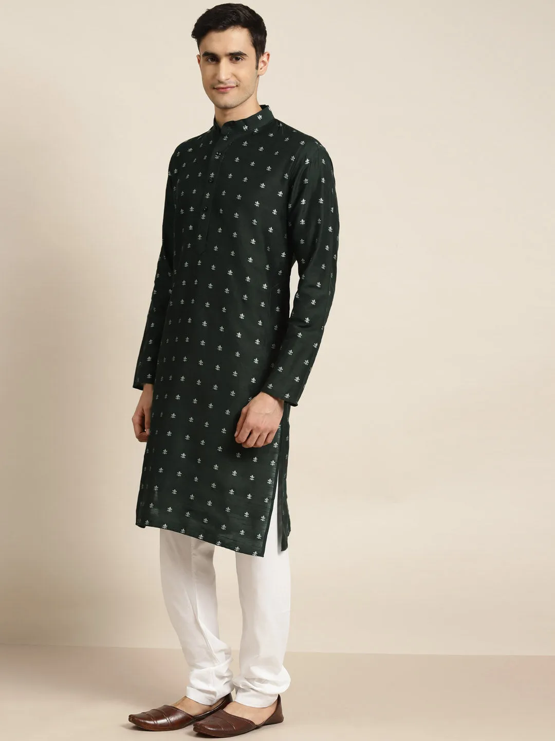 Men's Cotton Dark Green Kurta & White Churidar Pyjama Set - Sojanya