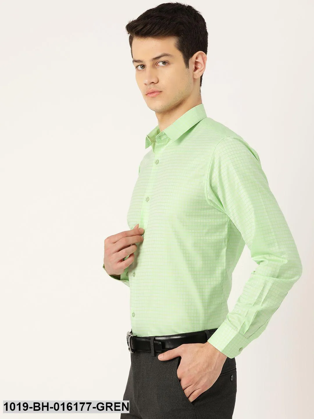 Men's Cotton Green Checked Formal Shirt - Sojanya