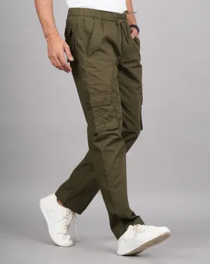 Men's Cotton Green Slim Fit Solid Cargos, Casual Trousers With Cargo Pockets (Green) - House Of Rp