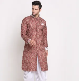 Men's Cotton Maroon & Beige Printed Straight Kurta - Benstoke