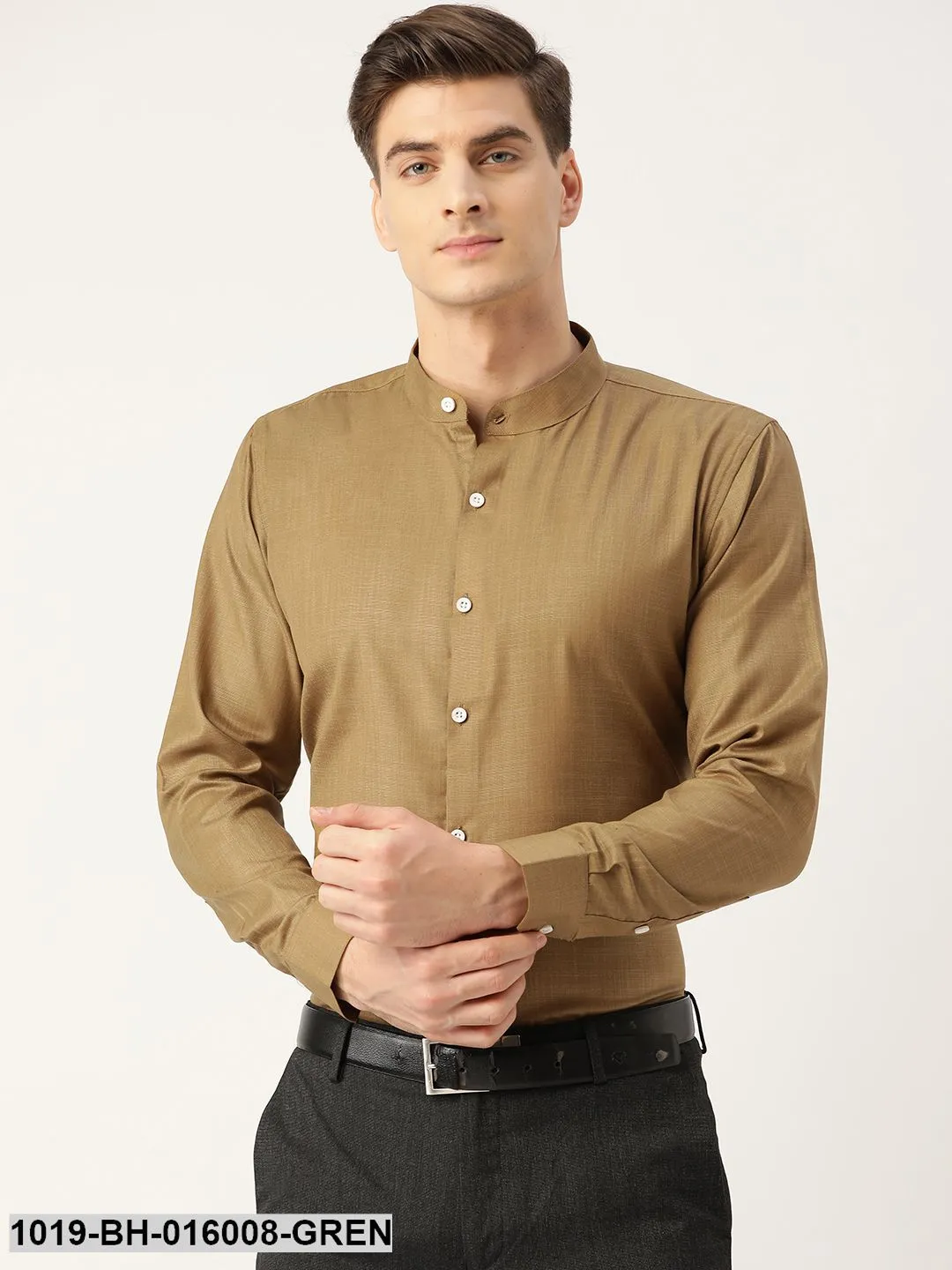 Men's Cotton Moss Green Chinese Collar Shirt - Sojanya