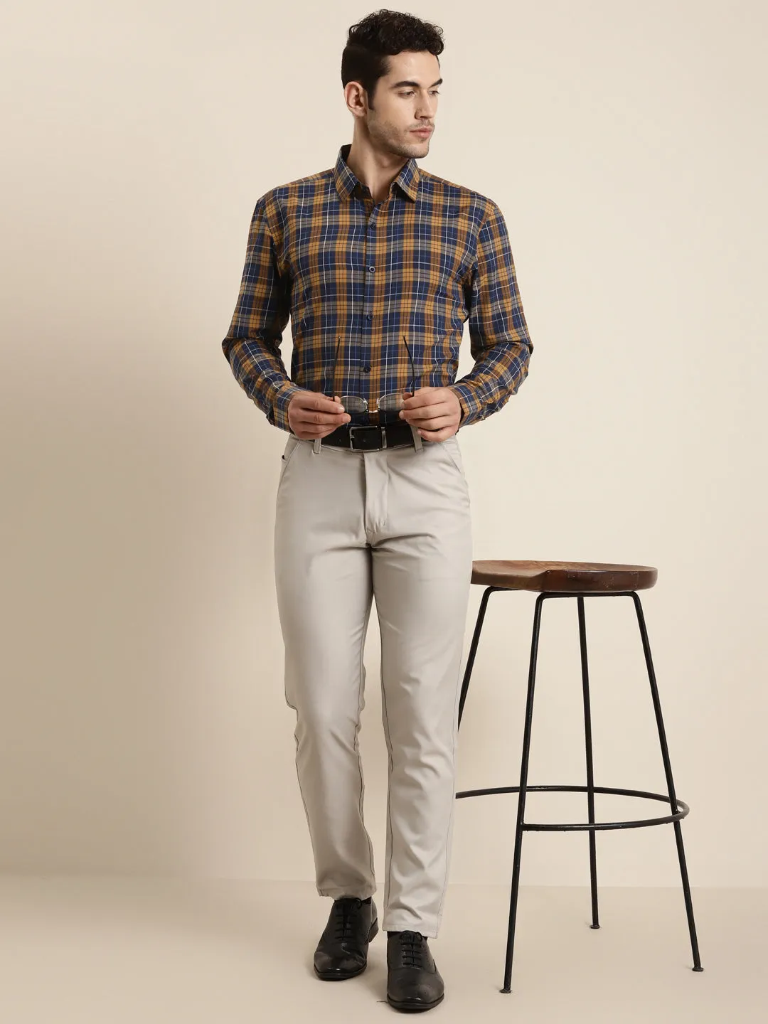 Men's Cotton Navy & Mustard Casual Shirt