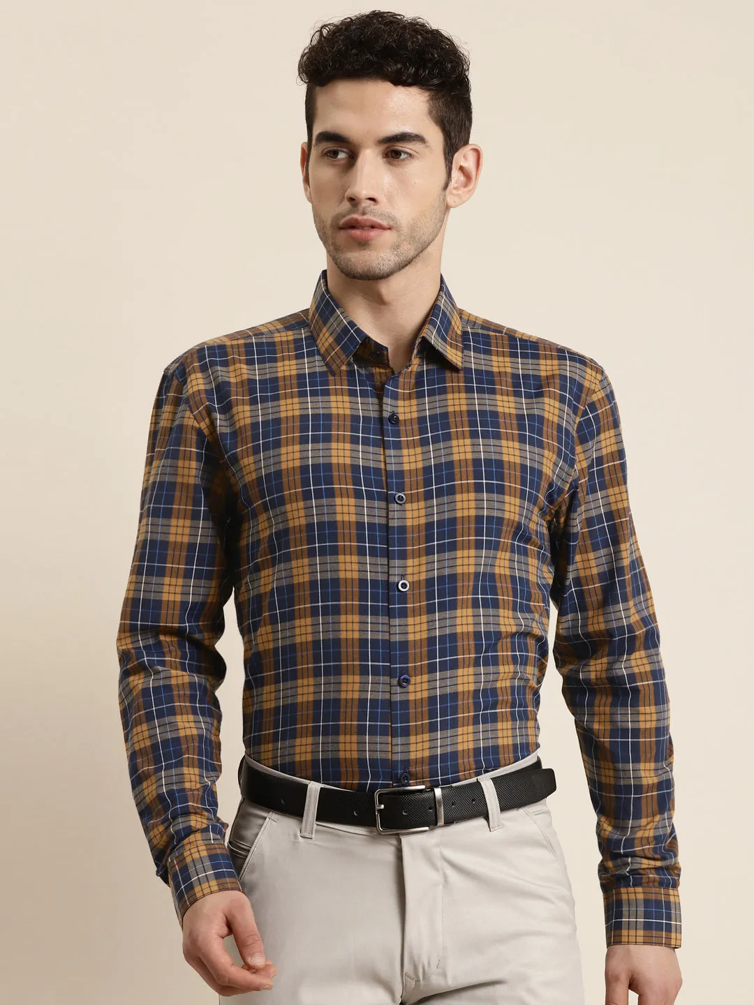 Men's Cotton Navy & Mustard Casual Shirt