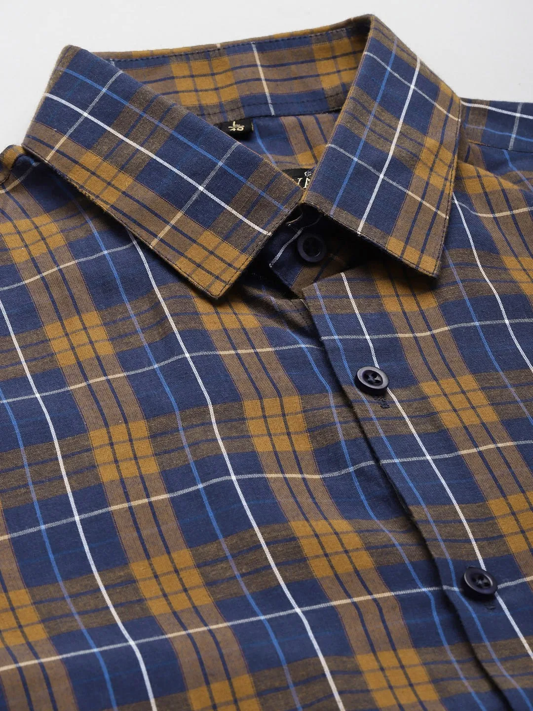 Men's Cotton Navy & Mustard Check Formal Shirt - Sojanya