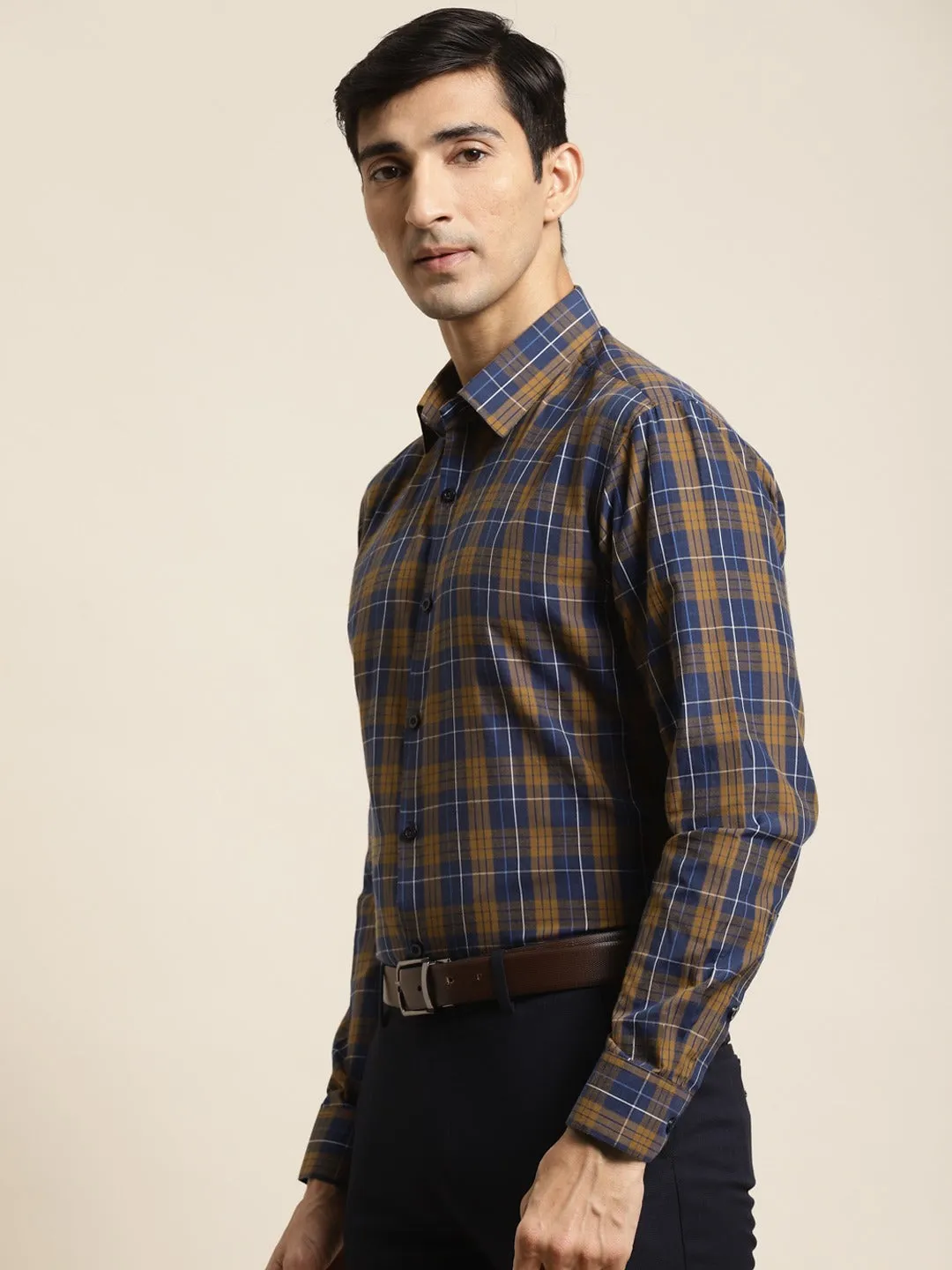 Men's Cotton Navy & Mustard Check Formal Shirt - Sojanya