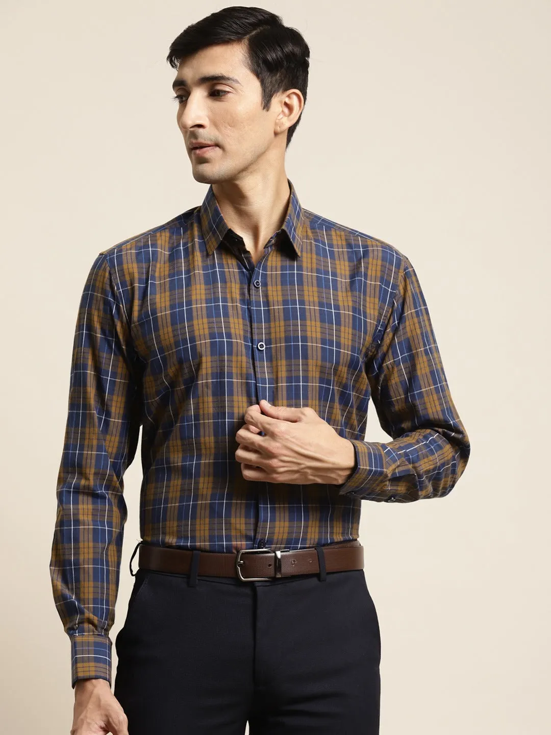 Men's Cotton Navy & Mustard Check Formal Shirt - Sojanya