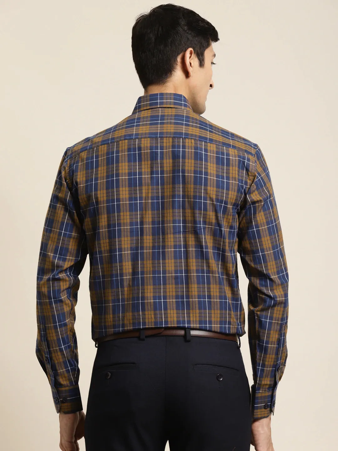 Men's Cotton Navy & Mustard Check Formal Shirt - Sojanya