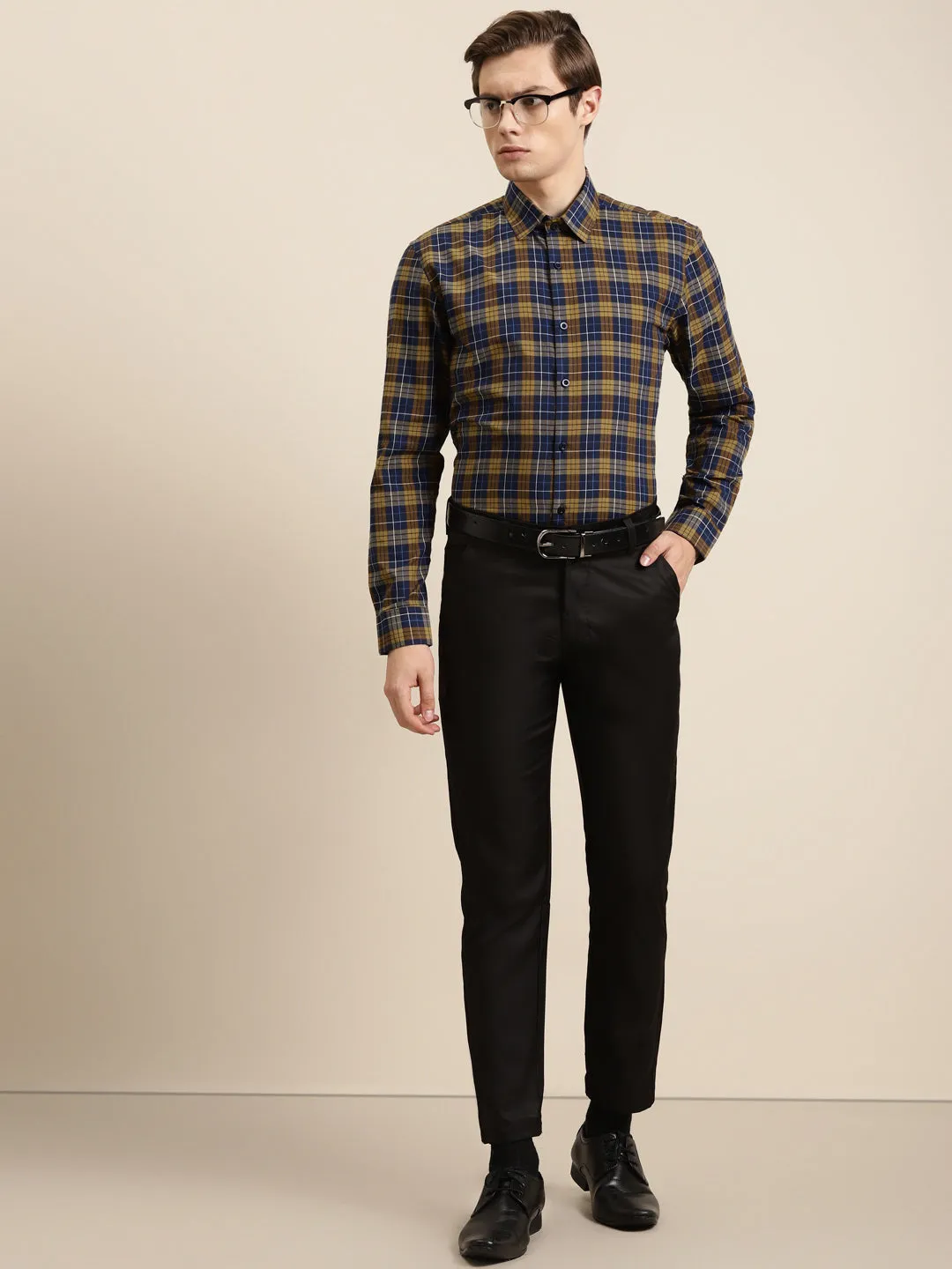 Men's Cotton Navy & Mustard Formal Shirt - Sojanya