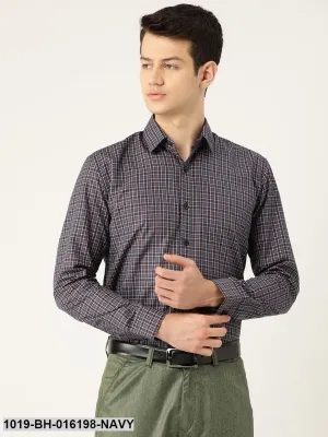 Men's Cotton Navy Blue & Grey Checked Formal Shirt - Sojanya