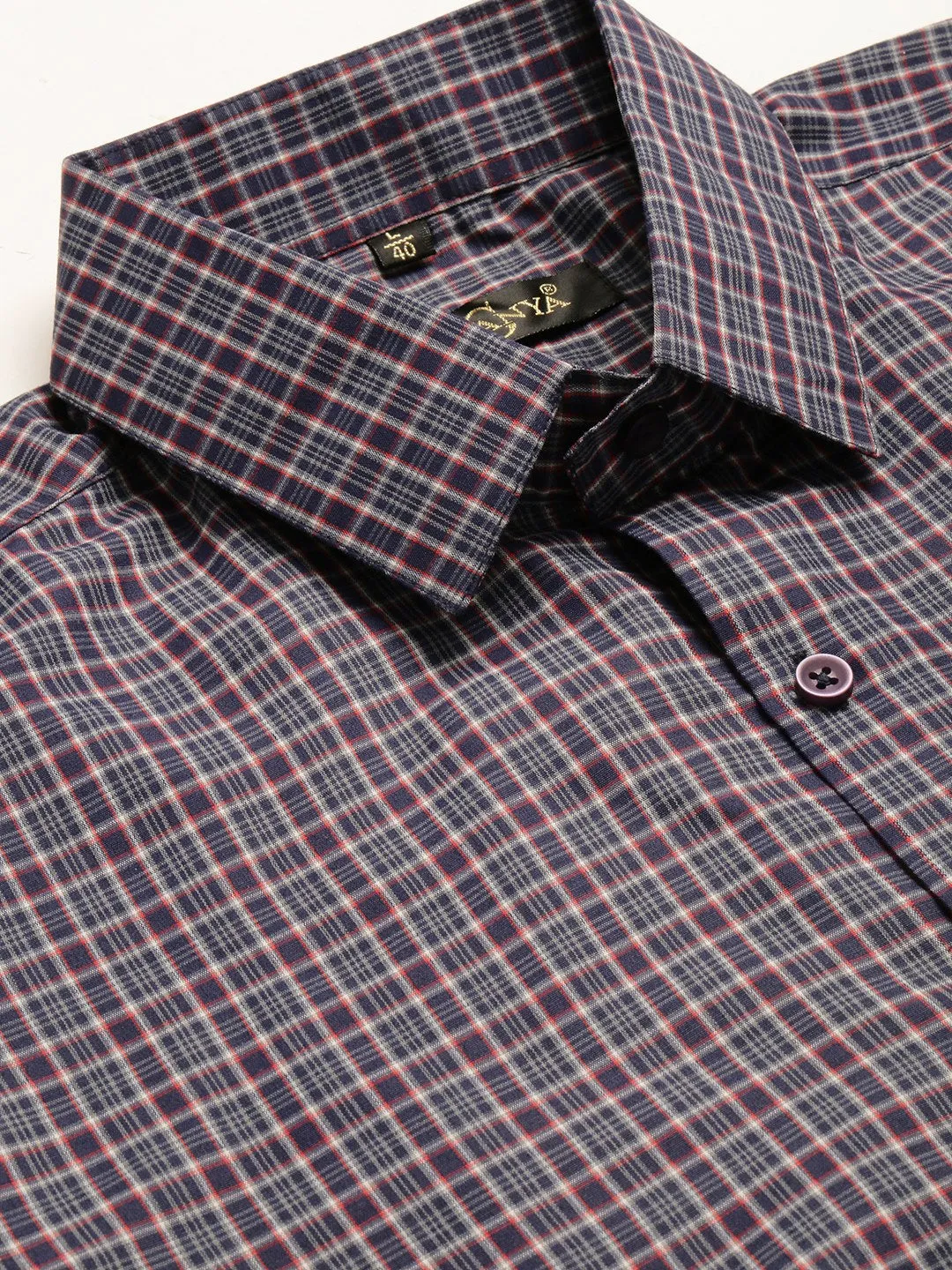 Mens Cotton Navy Blue & Grey Checked Formal Shirt - Sojanya