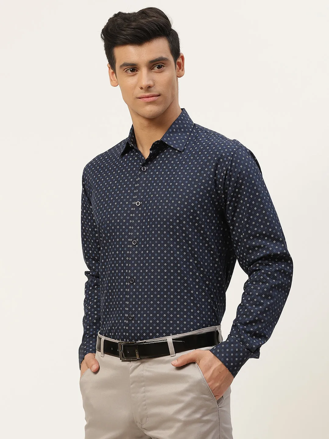 Mens Cotton Navy Blue & Multi Printed Formal Shirt - Sojanya