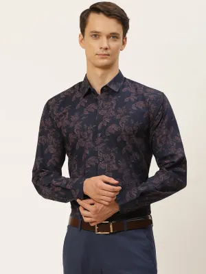 Mens Cotton Navy Blue & Peach Printed Formal Shirt - Sojanya