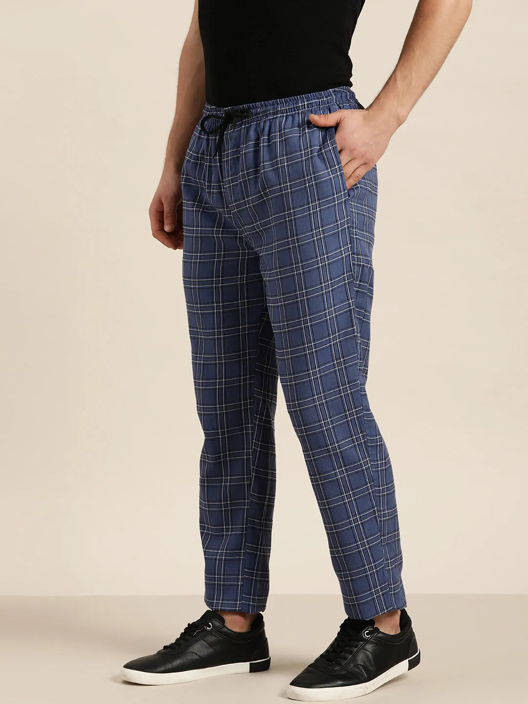 Men's Cotton Navy Blue & White Checked Track Pant  - Sojanya