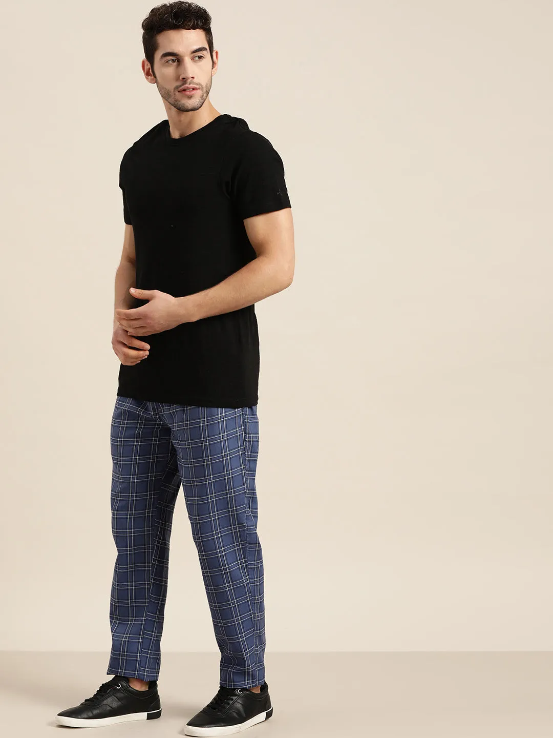 Men's Cotton Navy Blue & White Checked Track Pant  - Sojanya