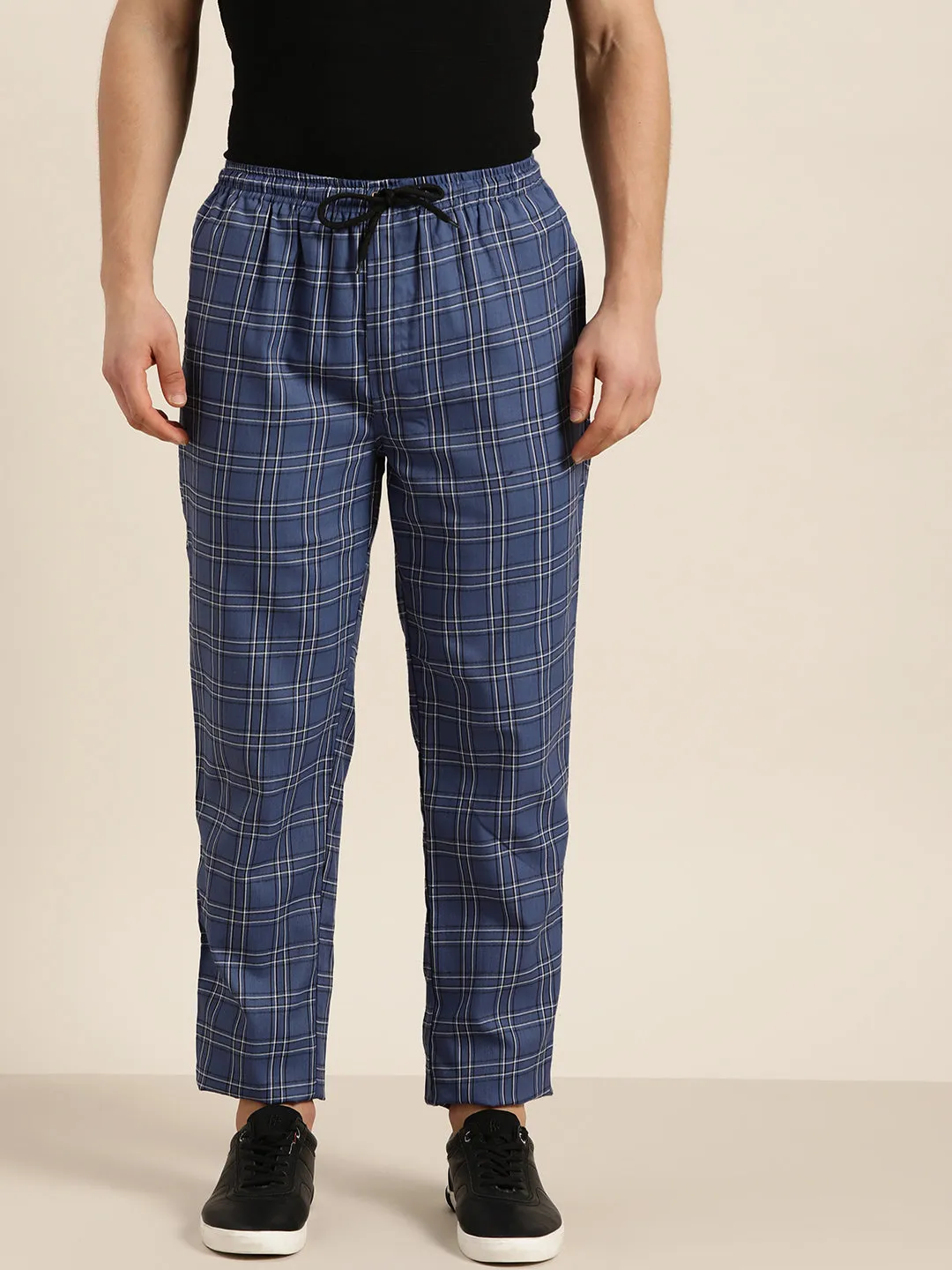 Men's Cotton Navy Blue & White Checked Track Pant  - Sojanya