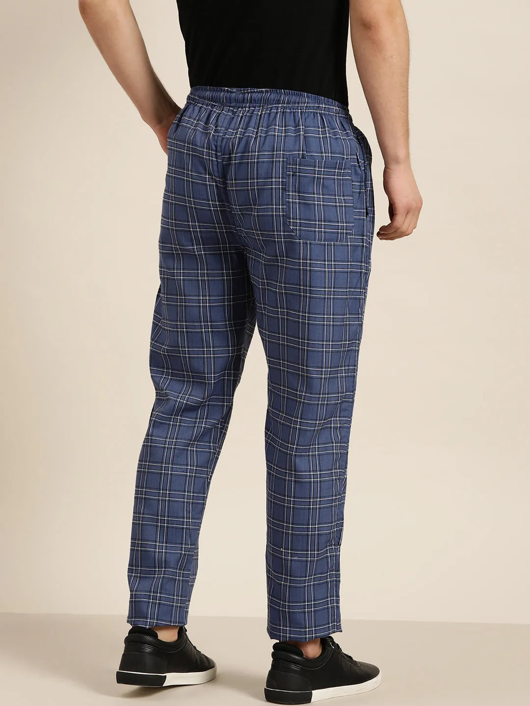 Men's Cotton Navy Blue & White Checked Track Pant  - Sojanya